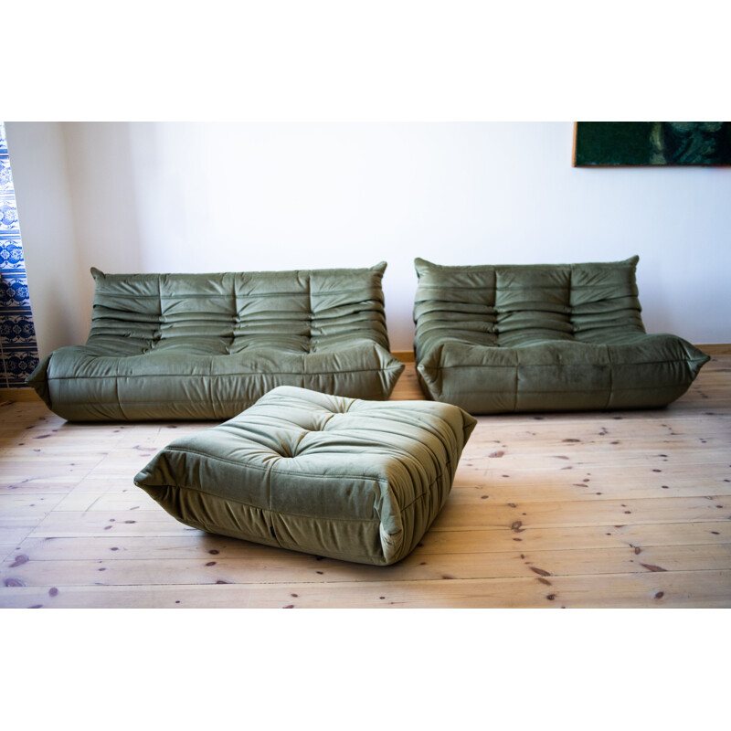 Set of vintage 3 and 2 seater sofa with pouffe Togo in velvet by Michel  Ducaroy
