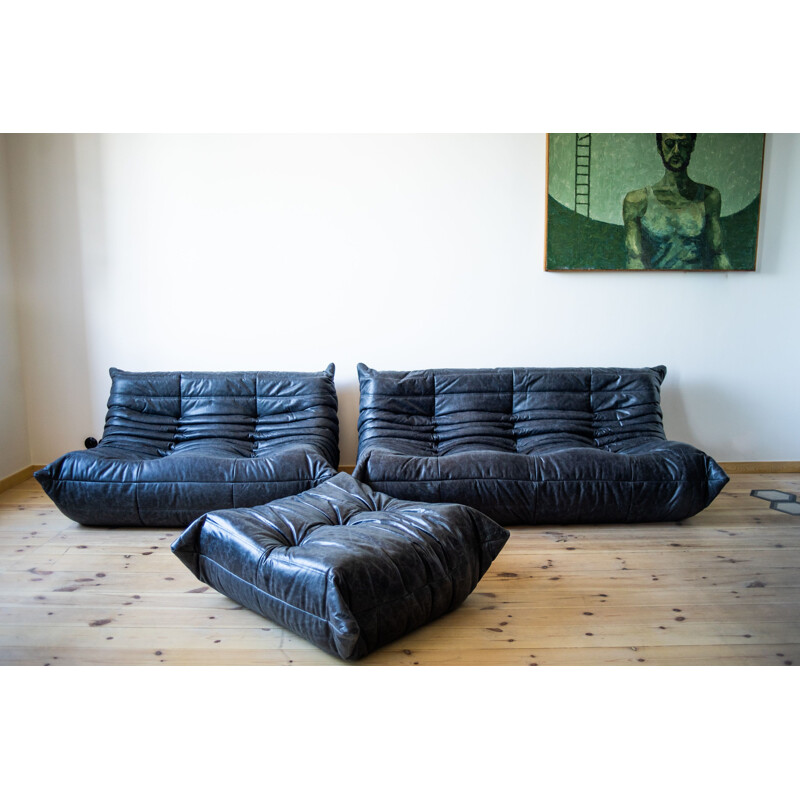 3-Sitzer und 2-Sitzer Sofa mit Hocker Togo Vintage in Leder von Michel  Ducaroy für