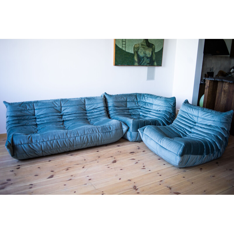 Set of vintage 3 and 2 seater sofa with pouffe Togo leather by Michel  Ducaroy for Ligne Roset