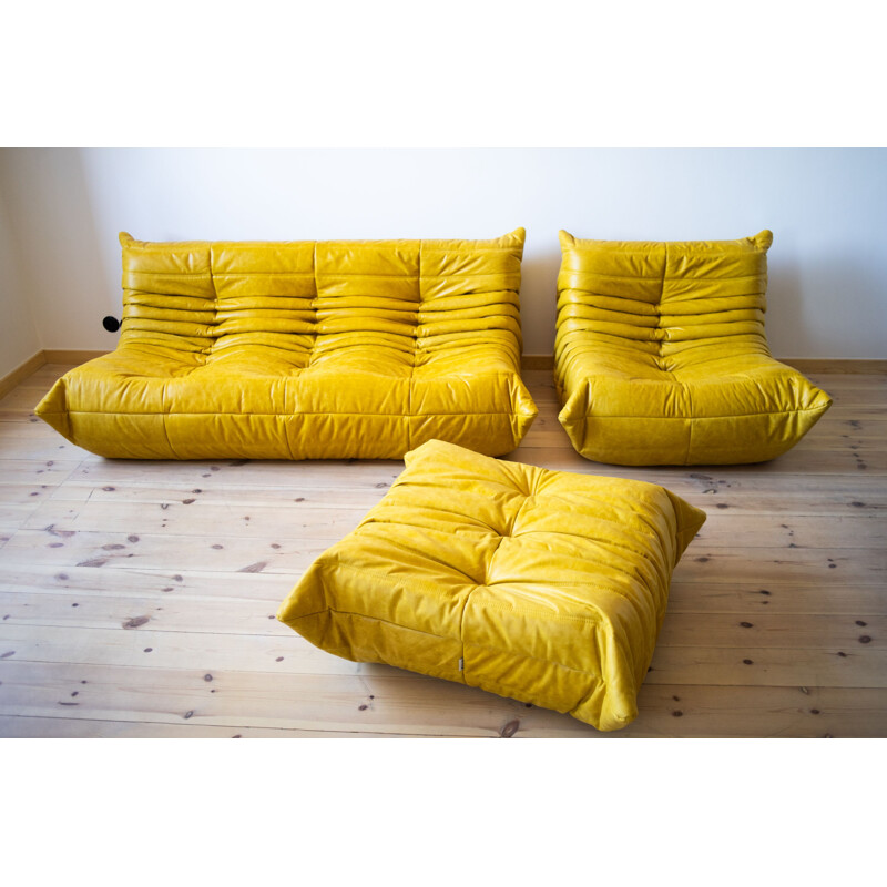 Set of vintage 3-seater sofa and chaise longue with pouffe Togo leather by  Michel Ducaroy
