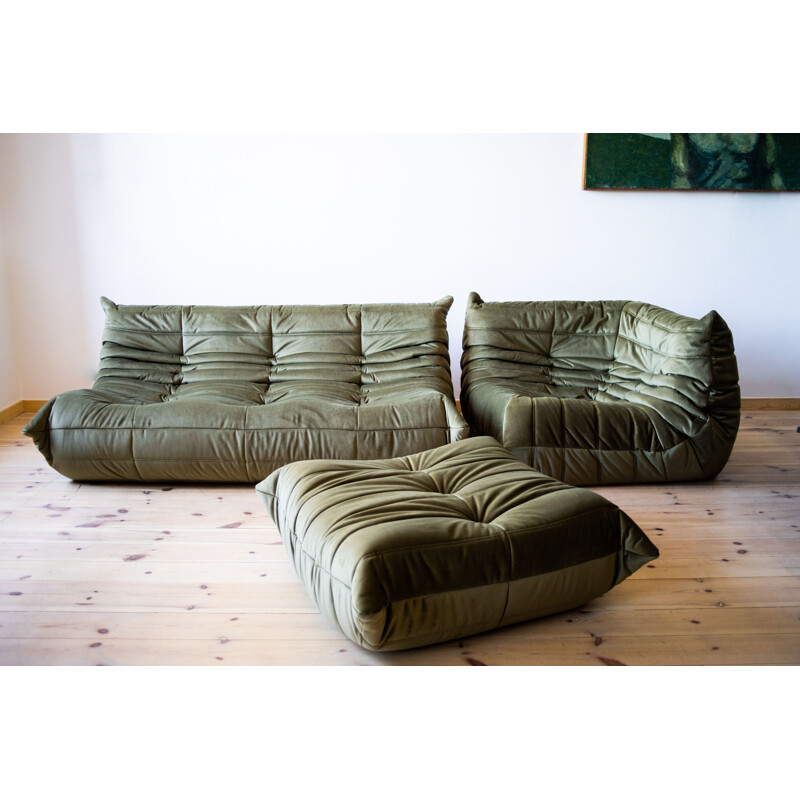 Set of vintage 3-seater sofa and corner armchair with pouffe Togo in velvet  by Michel