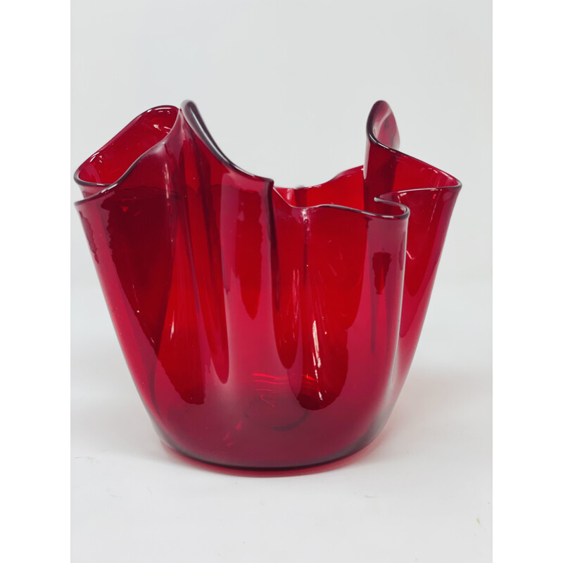 Vintage Fazzoletto vase in red Murano glass by Fulvio Bianconi for Venini  1950s