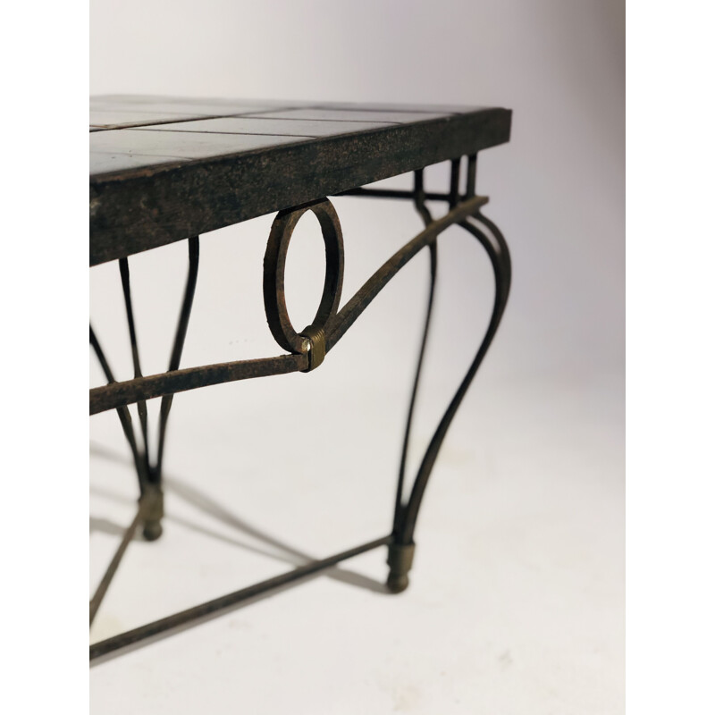 Vintage coffee table in ceramic and wrought iron and eglomerate glass