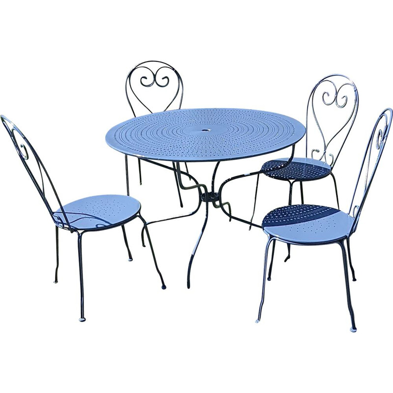 Ensemble de 4 chaises et table vintage ronde en fer forgé bleu