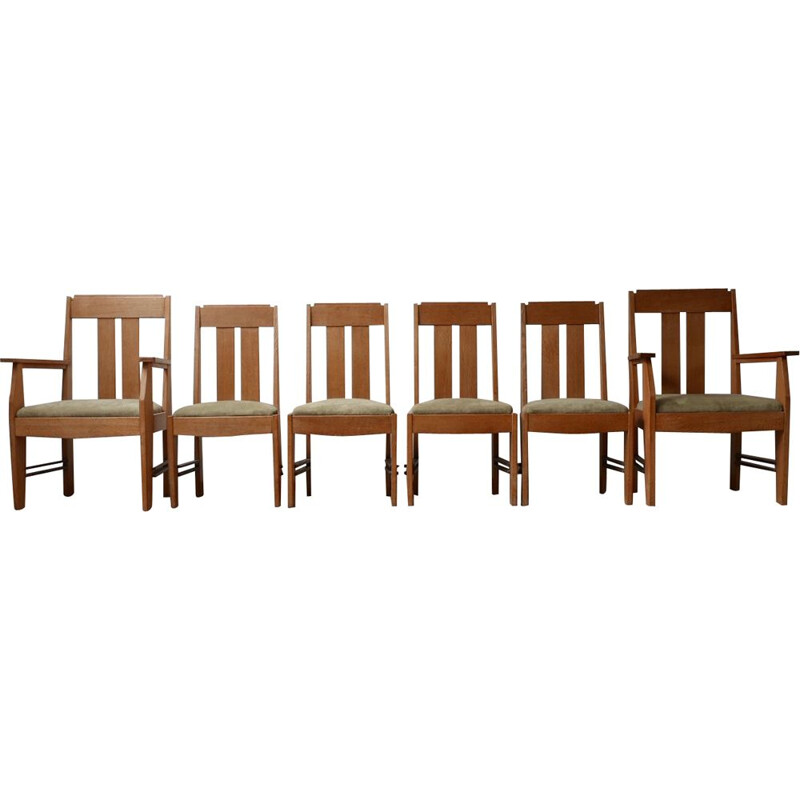 Set van 6 vintage Art Deco eiken stoelen van de Amsterdamse school