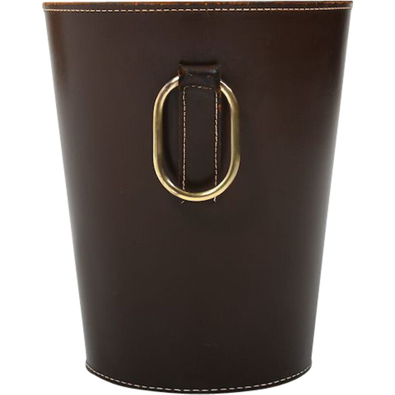 Mid century dark brown leather waste paper basket by Carl Auböck for Illums  Bolighus, 1950s