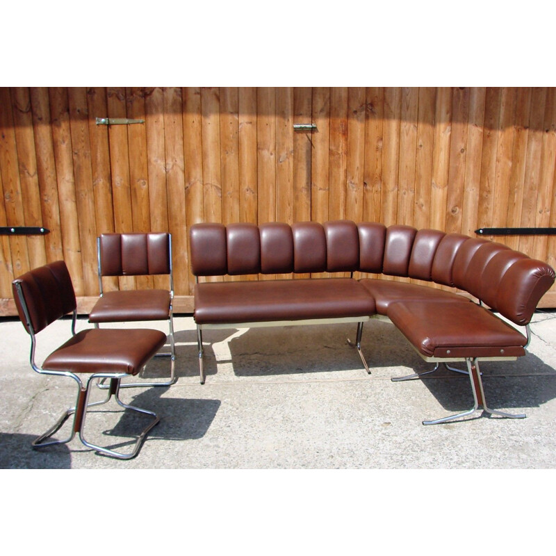 Set of chrome-plated metal and eco-friendly leather vintage armchairs and  sofas by Royal Board,