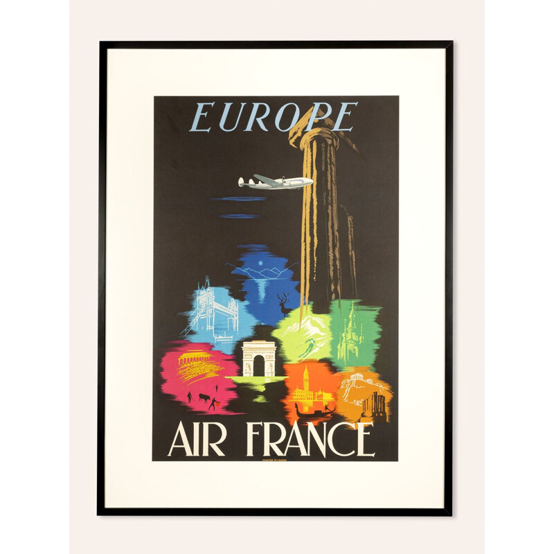 Affiche publicitaire vintage cadre en bois "Air France", France 1960
