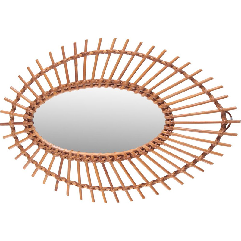 Vintage oval wall mirror in rattan, France 1960