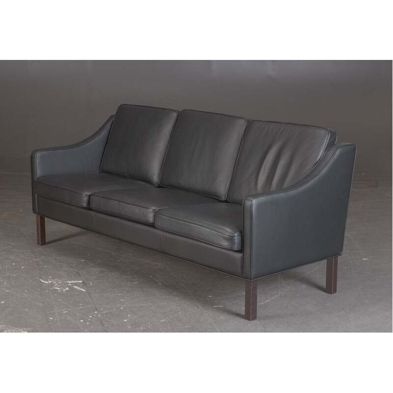 Three seater black leather vintage sofa model Manhatten by Hurup Mobler