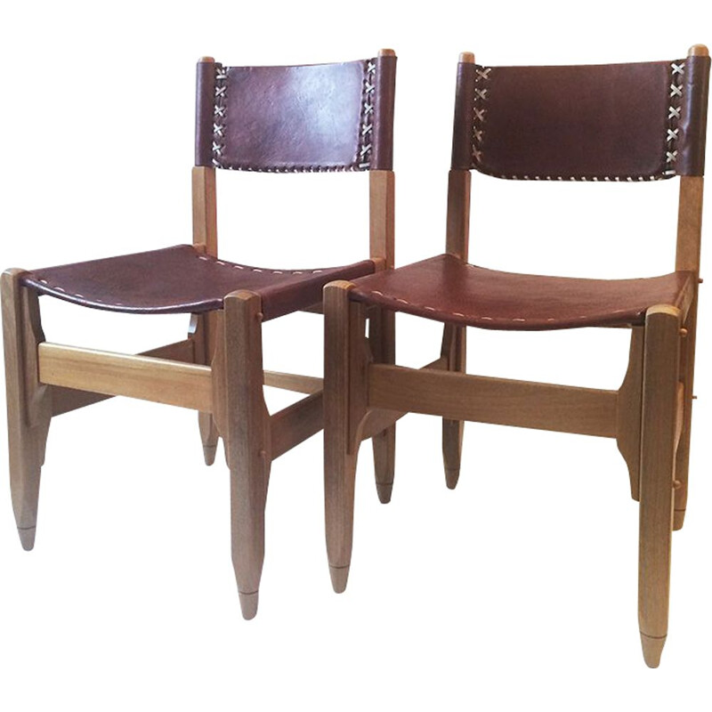 Paire de chaises brésiliennes vintage en bois et cuir, 1950