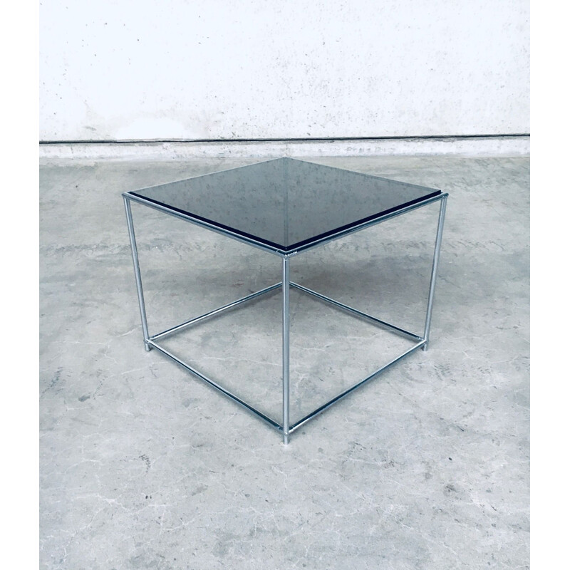 Vintage sleek metal & smoked glass square side table, 1970s