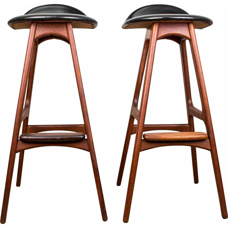 Pair of vintage teak and black skai high stools by Erik Buch for Oddense  Maskinsnedkeri AS,