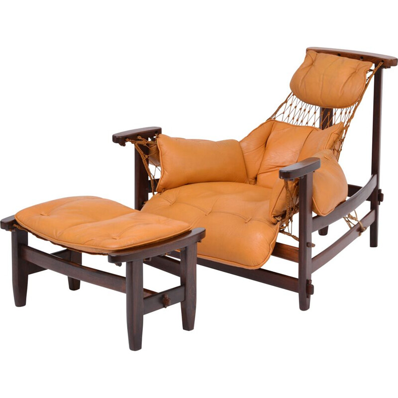 Vintage iconic Brazilian Jangada lounge chair with ottoman by Jean Gillon,  1968