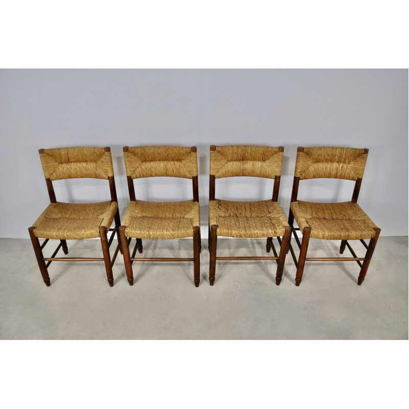 Ensemble de 4 chaises vintage en bois et paillage, 1950