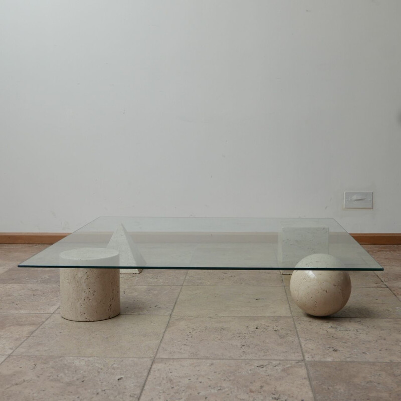 Table basse géométrique italienne vintage en travertin et verre par Massimo  et Lella Vignelli, 1970