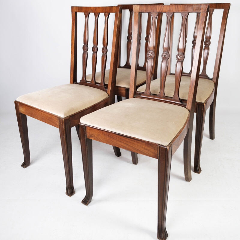 Set of 4 vintage dining chairs in rosewood and upholstered with light  fabric, 1920s