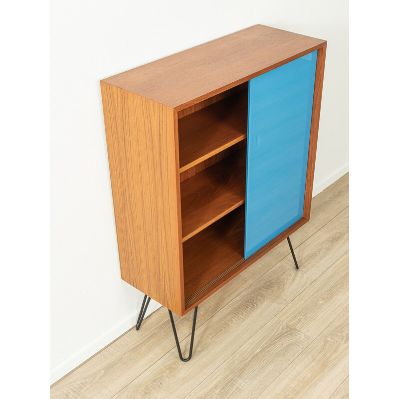 Mid century teak cabinet with two glass sliding doors in blue, Germany 1950s