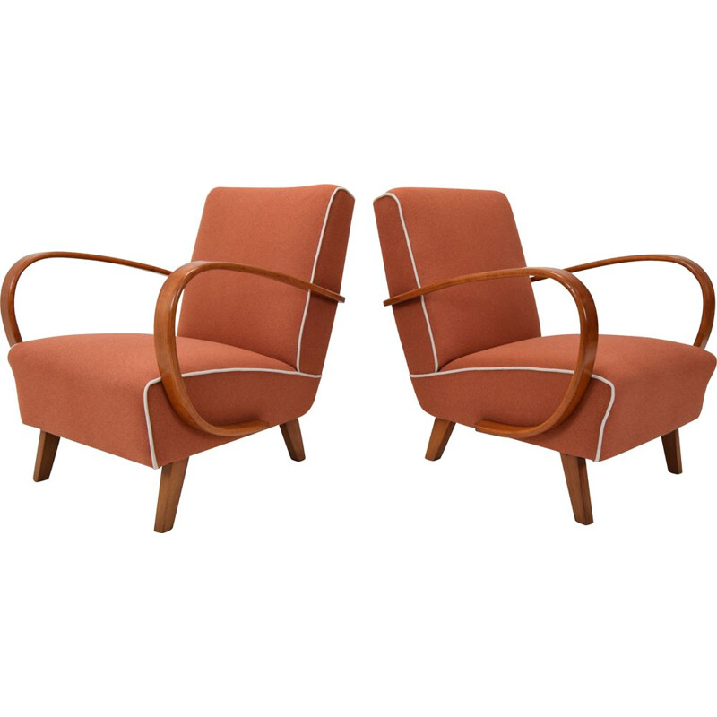 Pair of vintage wood and fabric armchairs by Jindrich Halabala,  Czechoslovakia 1950