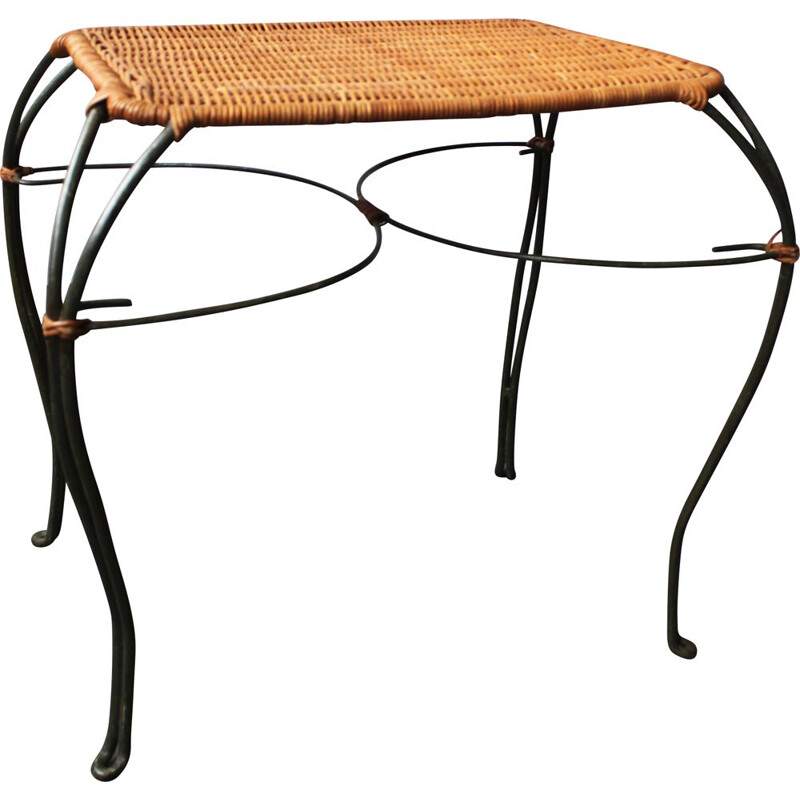 Vintage woven rattan and wrought iron side table