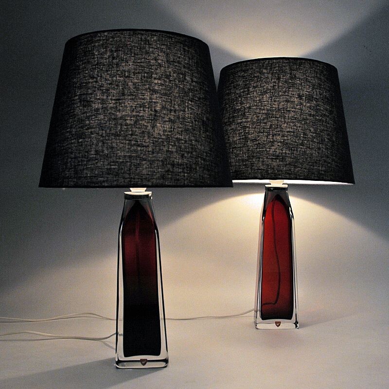 Pair of vintage red glass table lamps by Carl Fagerlund for Orrefors,  Sweden 1960