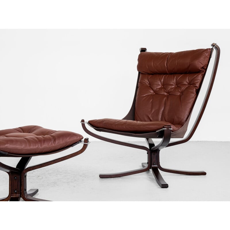Vintage Falcon armchair and ottoman in cognac leather by Sigurd Ressell for  Vatne Möbler, Norway 1970s