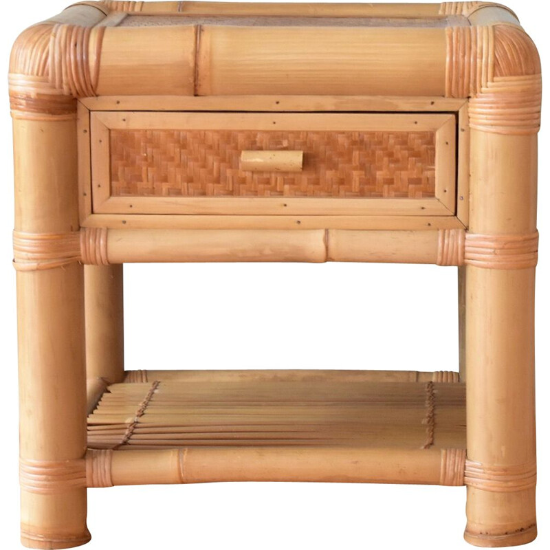 Table de chevet vintage en bambou avec tiroir, 1980