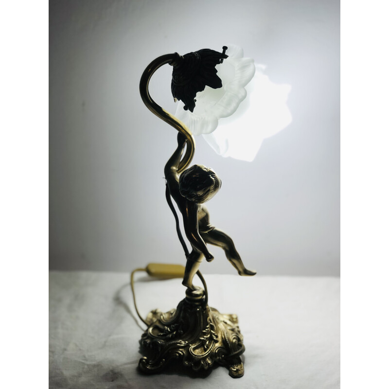 Paire de lampes vintage anges chérubins en bronze par Mathieu