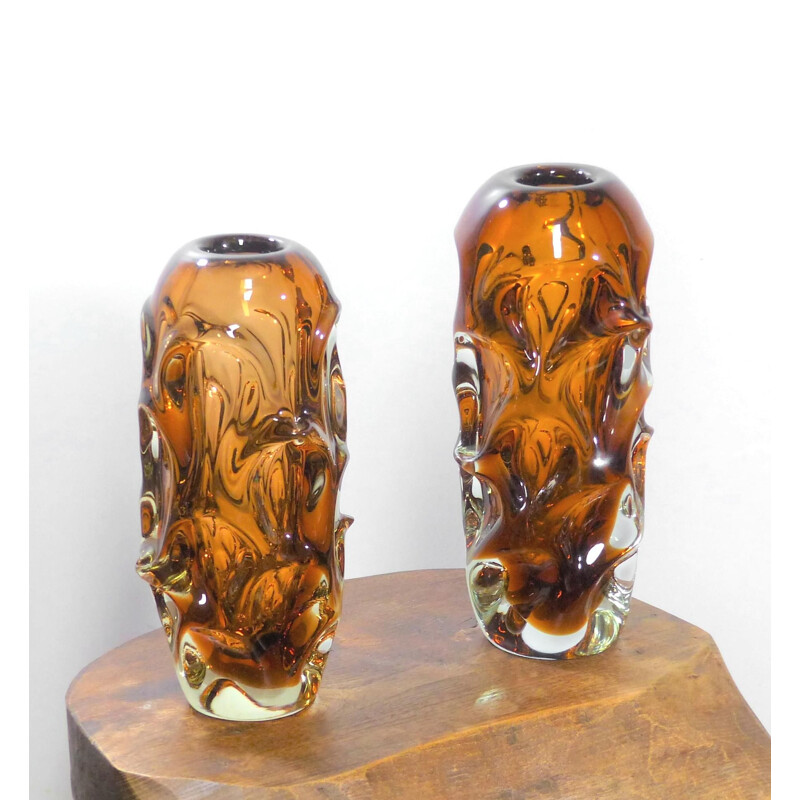 Pair of vintage amber glass vases by Jan Beranek for Skrdlovice, 1959