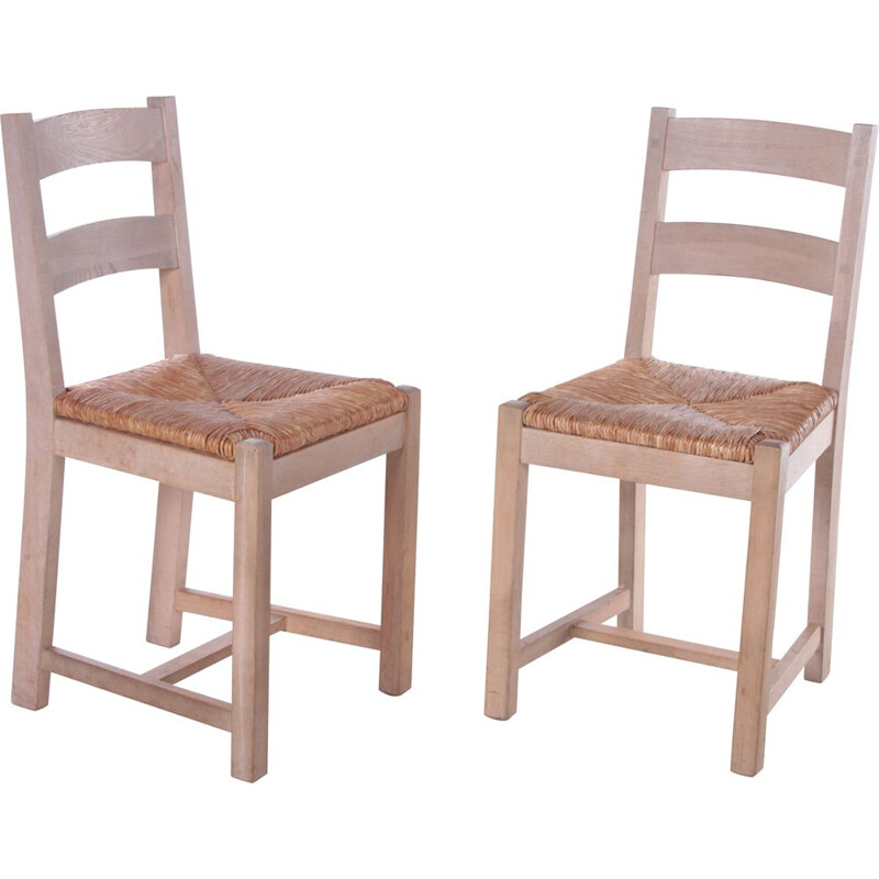 Paire de chaises de cuisine danoises vintage en bois de chêne avec siège en  osier, 1970