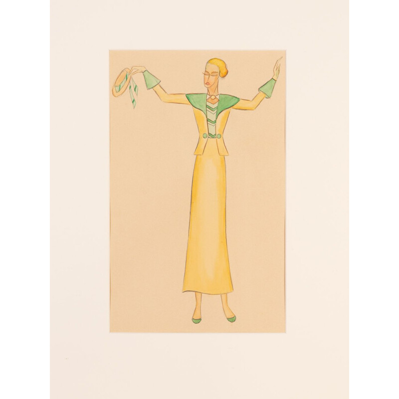 Gouache auf Papier Art Deco Vintage Eschenholzrahmen "Modeillustration", 1920