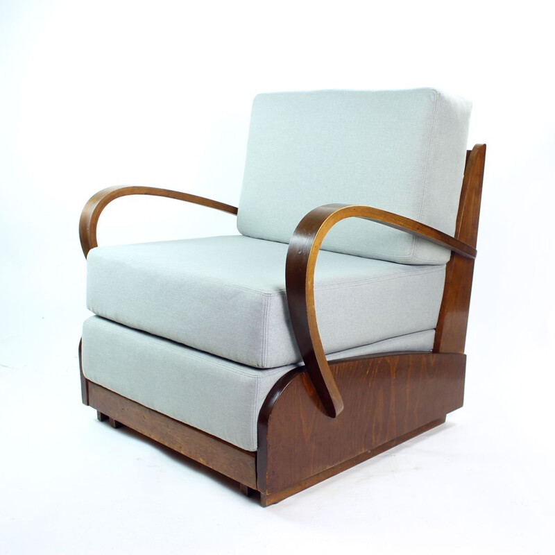 Extendable Art Deco vintage armchair in oakwood and textile, Czechoslovakia  1950s