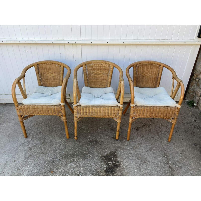 Set van 3 vintage rotan en rieten fauteuils, 1970