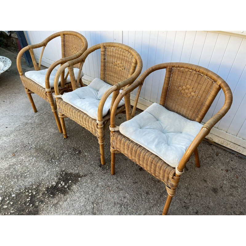 Set of 3 vintage rattan and wicker armchairs, 1970