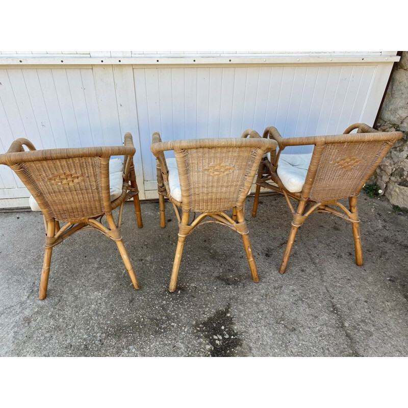 Set van 3 vintage rotan en rieten fauteuils, 1970