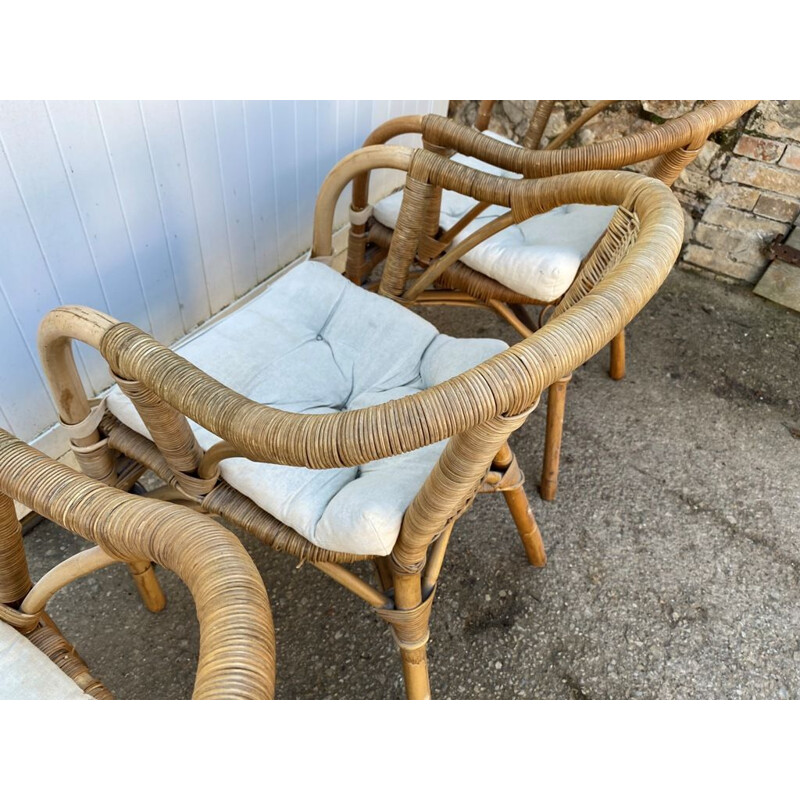 Set of 3 vintage rattan and wicker armchairs, 1970