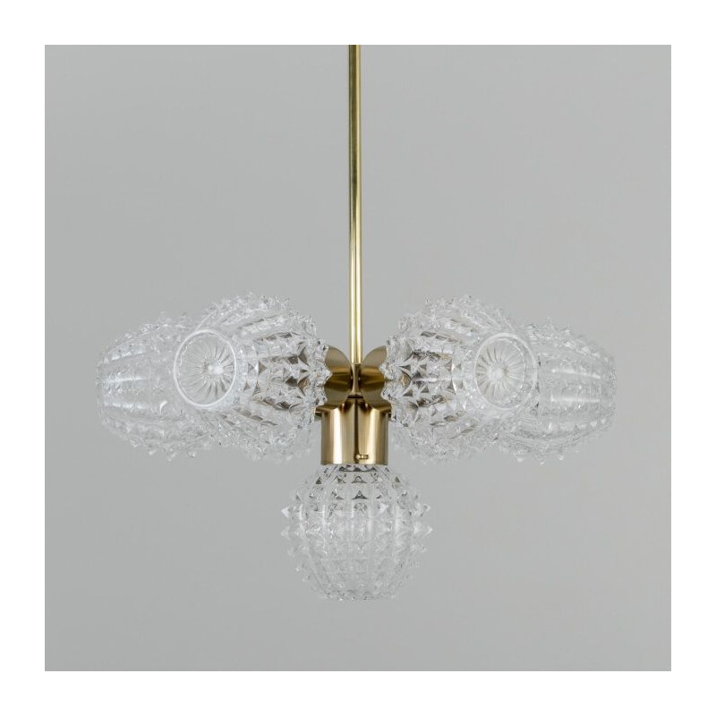 Vintage chandelier in molded glass and brushed brass plated for Lustry  Kamenicky Senov, Czechoslovakia 1970