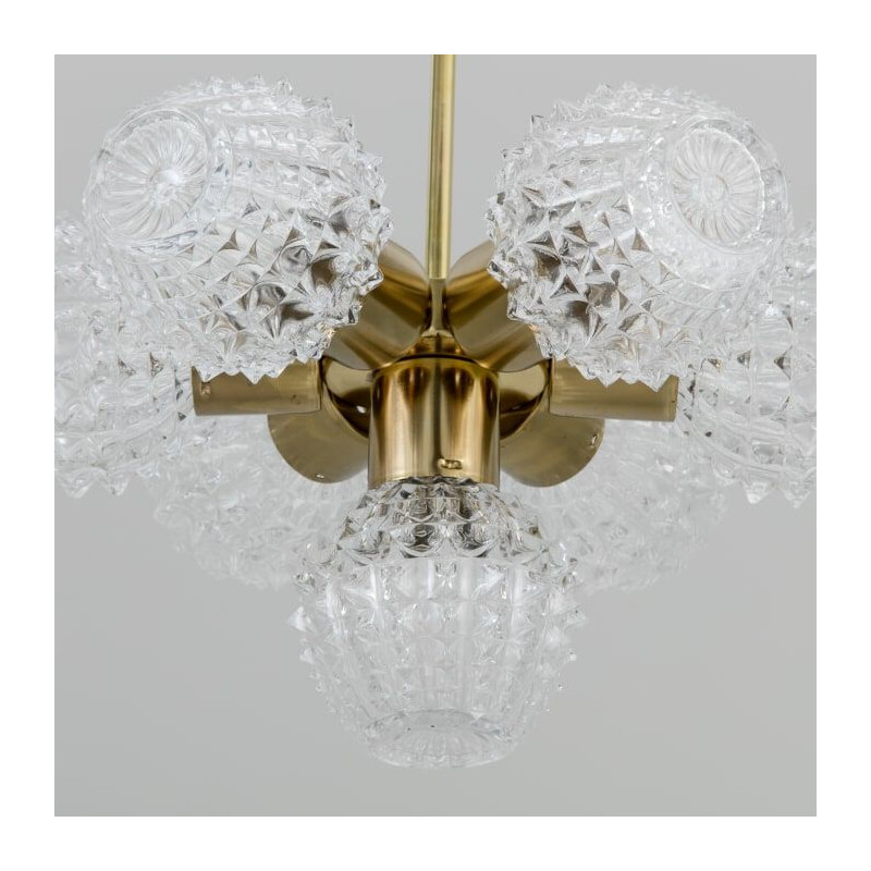 Vintage chandelier in molded glass and brushed brass plated for Lustry  Kamenicky Senov, Czechoslovakia 1970
