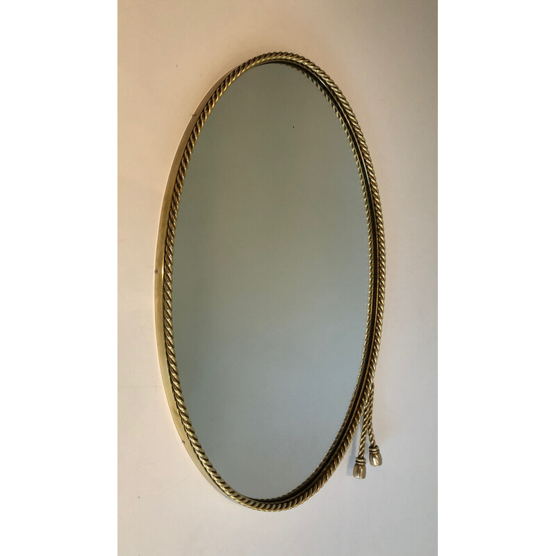Vintage ovaler Spiegel aus Messing mit Kordel, Frankreich 1970