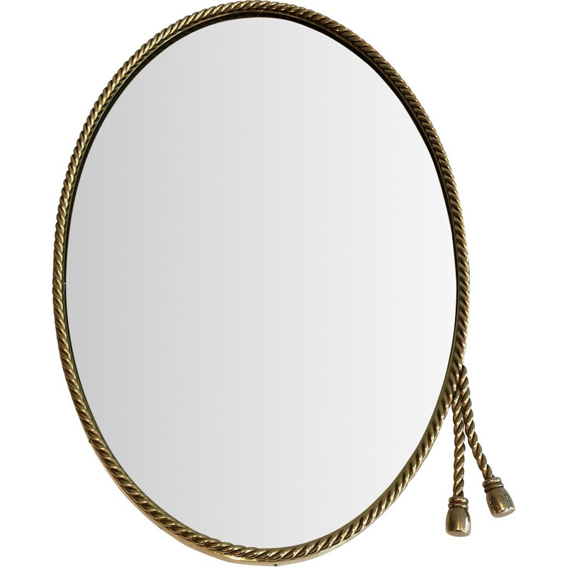 Vintage oval mirror in brass surrounded by a cord, France 1970