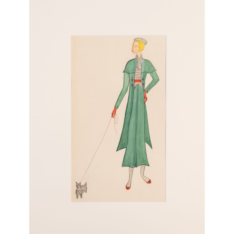 Set of 4 vintage Art Déco "Fashion Illustration V" gouache on paper, 1920s