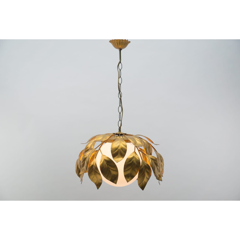 Vintage Florentijnse gouden hanglamp met opaal glazen kap, 1960