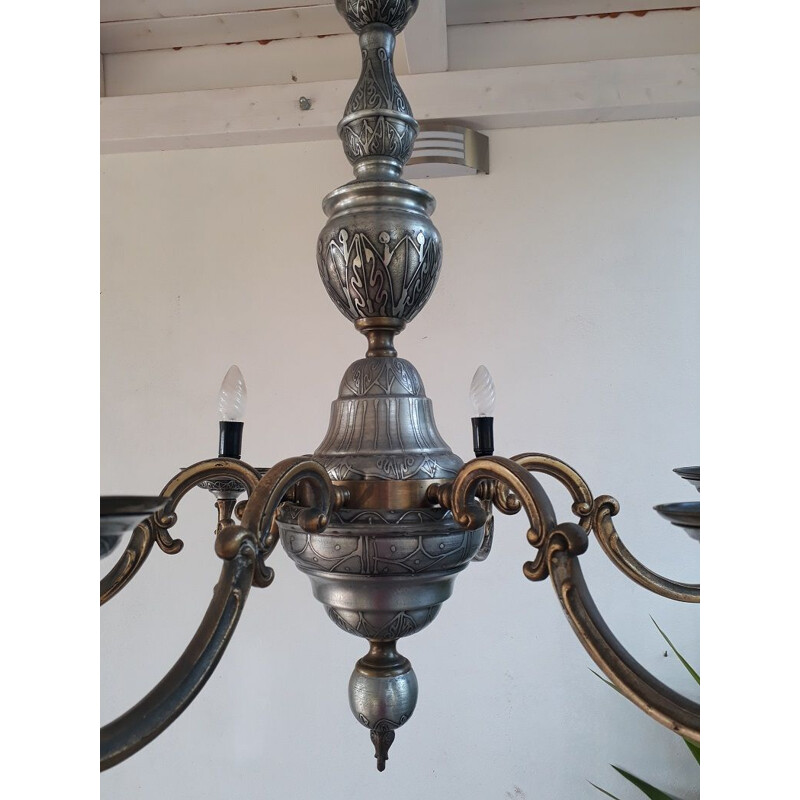 Art Nouveau vintage Italian chandelier in bronze & pewter