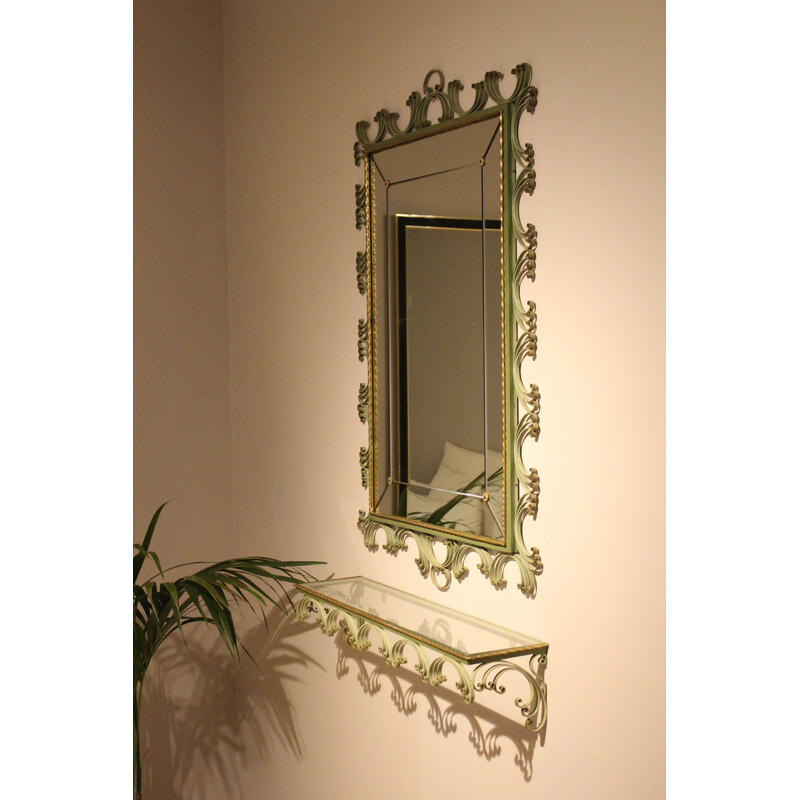 Miroir en plomb Art Déco vintage avec console en fer forgé laqué en couleur  vert pistache