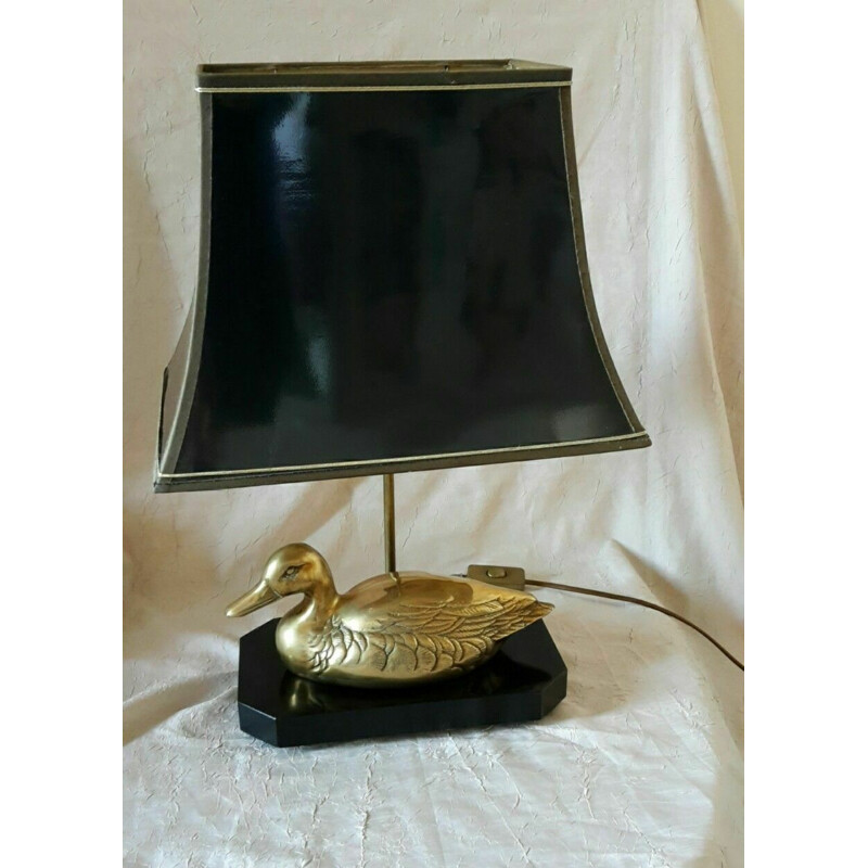 Vintage-Lampe mit Ente aus Messing auf lackiertem Holzsockel, 1970