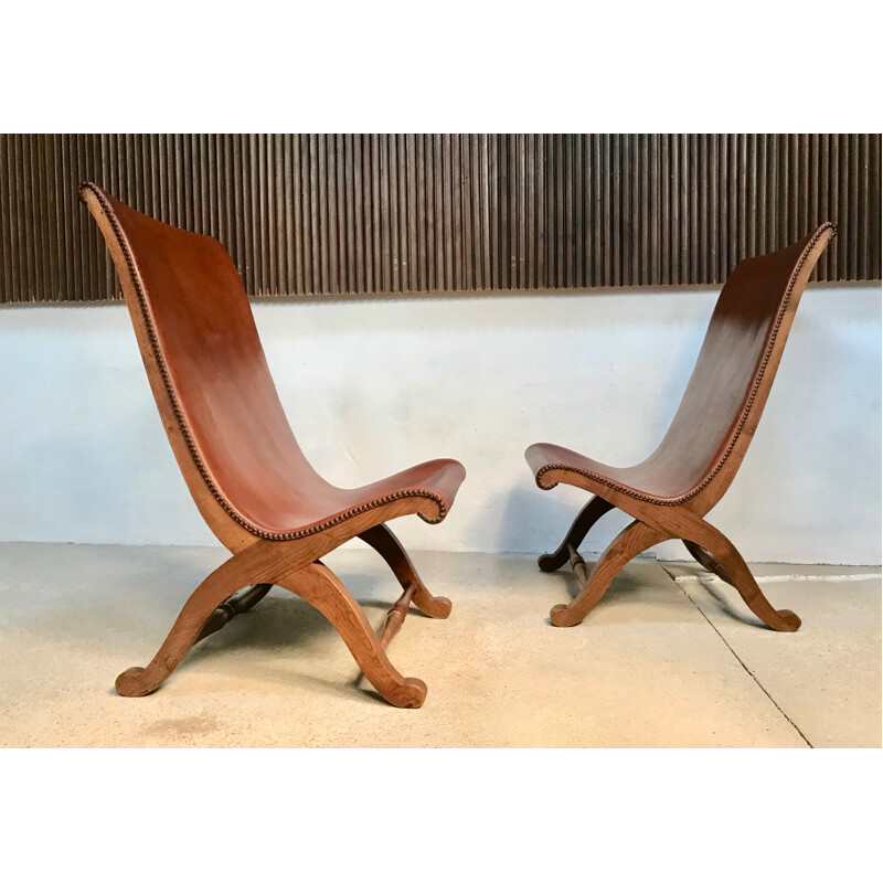Pair of vintage "Slipper" high back leather armchairs by Pierre Lottier,  Spain 1950
