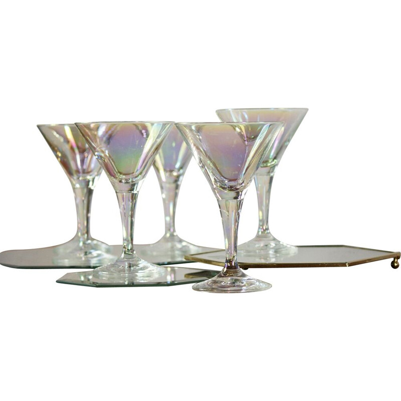 stortbui Merchandiser eindpunt Set van 6 vintage iriserende glazen cocktailglazen, 1950