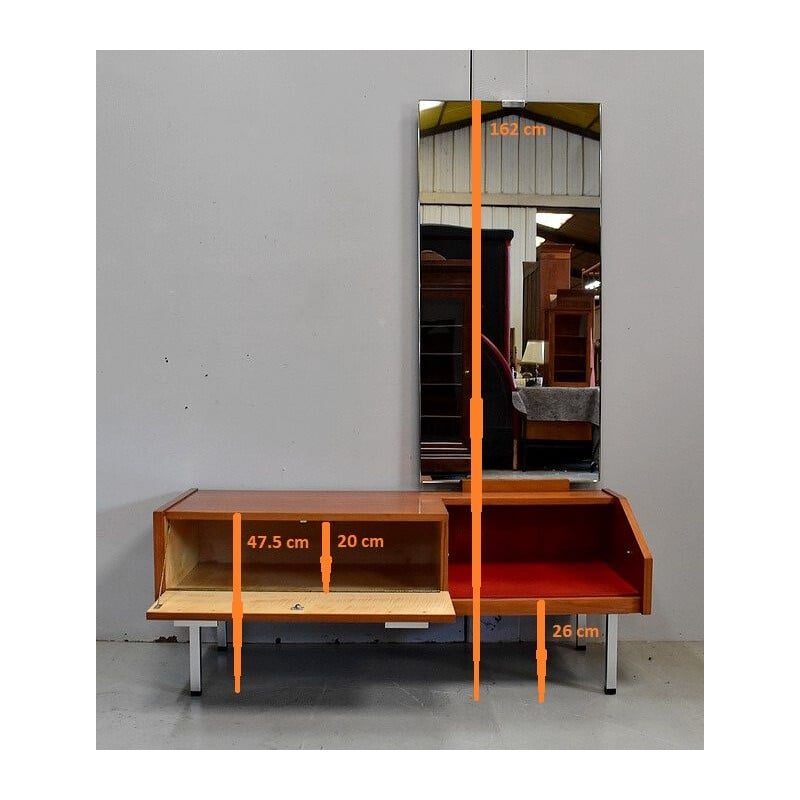 Mesa de toucador de teca Vintage com espelho grande, 1960-1970