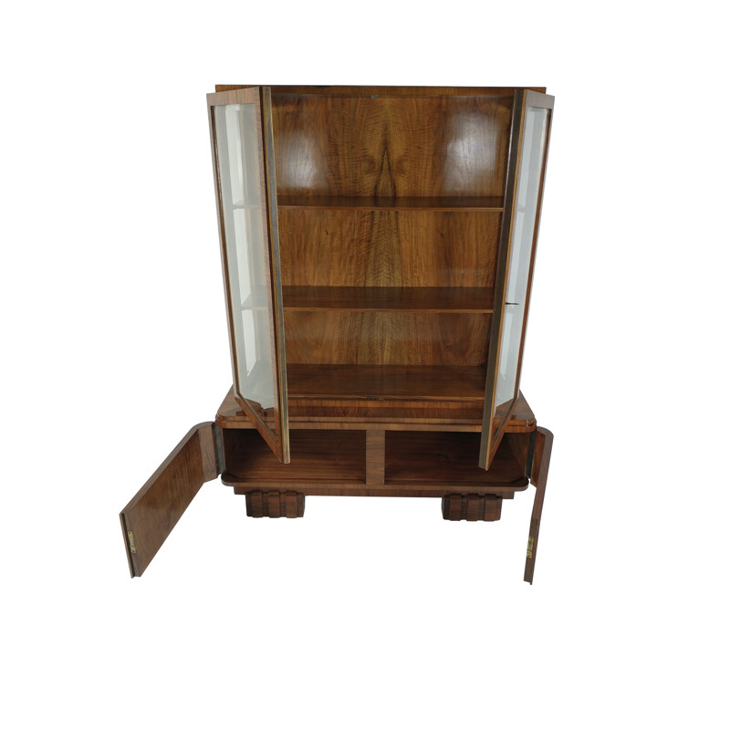 Art Deco vintage walnut veneer display cabinet, 1940s
