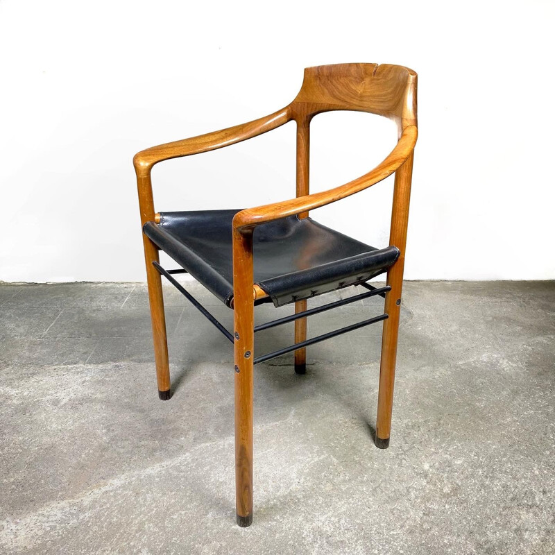Vintage walnut wood & black leather armchair by Lancetti e Signorelli, 1959